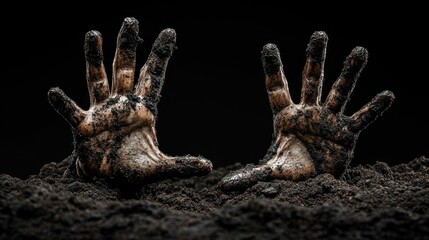 Two muddy hands emerge from dark soil against a black background.