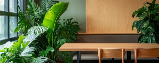 Warm loft-style coffee shop with lush green plants, wooden shelves, and soft ambient lighting