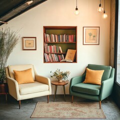 A small loft cafe with a warm golden glow, Edison bulbs, and wooden countertops