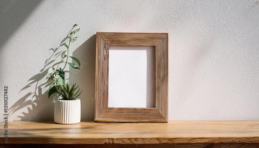 Poster artistic abstraction clean, white space enhanced by the presence of an empty frame above a rustic wo