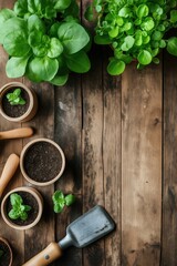Top-down view of gardening tools, biodegradable pots, and fresh green basil plants on a rustic wooden surface, symbolizing sustainable home gardening and eco-friendly living