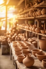A traditional pottery studio bathed in warm sunlight, featuring handcrafted clay pots and ceramics on rustic wooden shelves, evoking artisanal craftsmanship and heritage