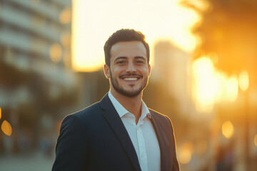 Young smiling business posing confidently, dressed in modern business clothes, against a backdrop of tech city with illuminated office building. Inovation, Startup, Bank, Fintech.