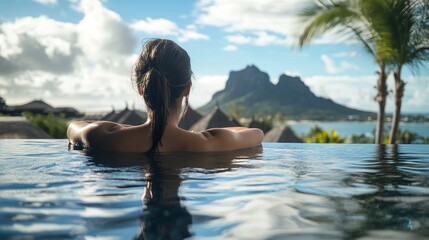 A woman relaxes in a fancy resort pool in Mauritius.