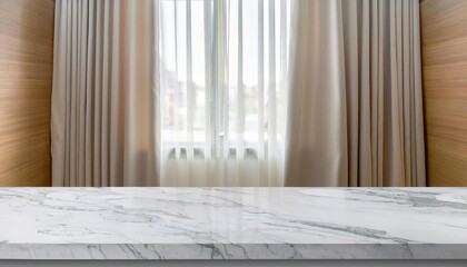 Tranquil Marble Desk by Window Light White Curtains Framing a Home Interior with Timeless Elegance and Serene Ambiance