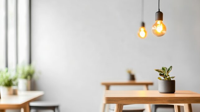 Scandinavian-inspired loft cafe interior with light wood tones, clean lines, and modern furniture - Powered by Adobe