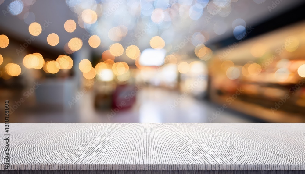Poster blurred store bokeh light backdrop illuminating an empty marble tabletop in a minimalist scene strik