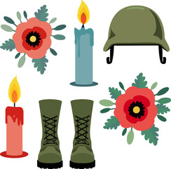 pastel vector elements for may 26th memorial day military symbols of honor with helmet, boots, burning candles and red poppies in memory of fallen soldiers veterans, sticker design illustration