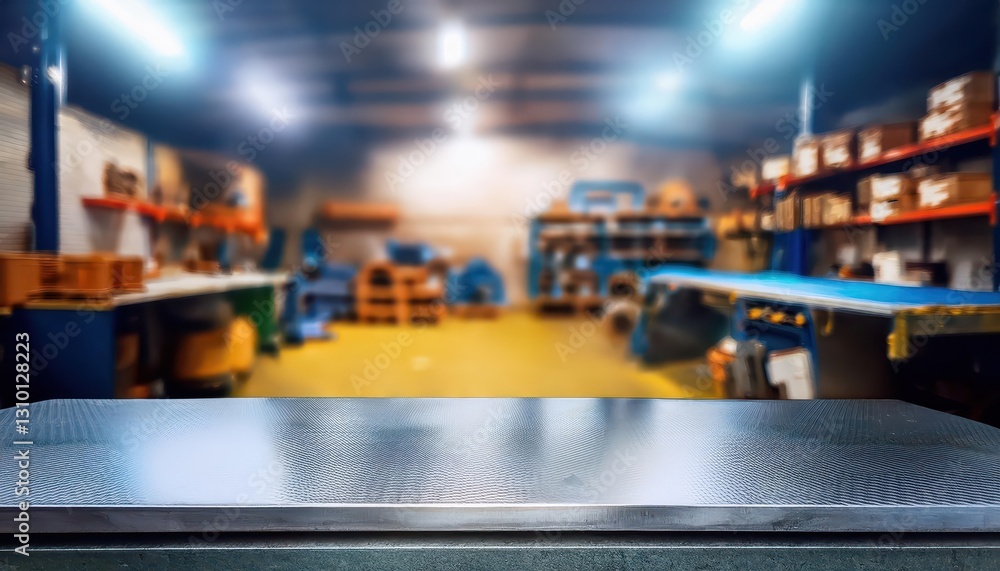 Poster blurred garage backdrop with empty metal surface, conveying serene solitude on a moody home workshop