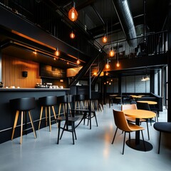 Industrial loft cafe interior with exposed brick walls, wooden tables, metal chairs, and warm pendant lighting