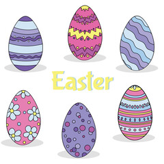 A set of stickers for Easter. Easter. The holiday. Spring. Colored stickers. Vector images. Eggs, rabbit, basket with eggs, candles, carrots. Easter bunny is a hare. Easter eggs