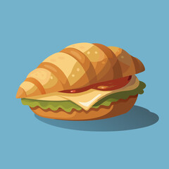 Freshly baked croissant resting on a wooden table with blue backdrop