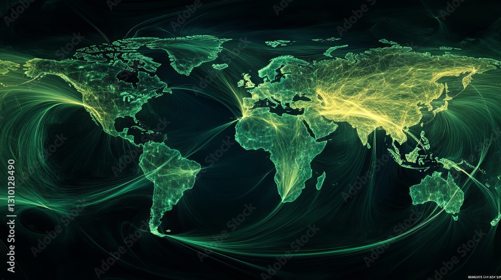 Poster a world map shows how technology connects us globally. green lines and dots illustrate the worldwide