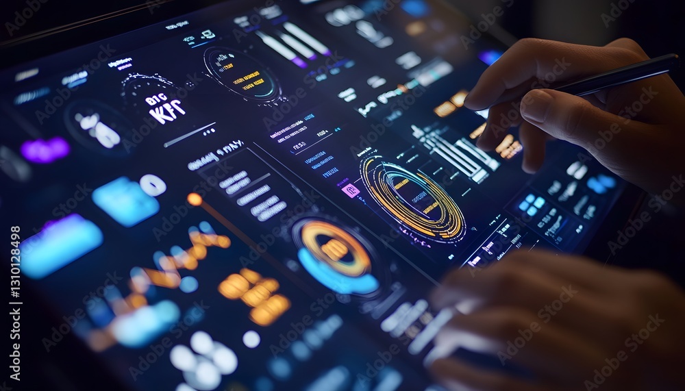Poster hands interact with a digital dashboard displaying key performance indicators