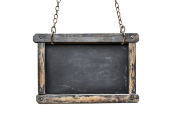 Rustic hanging blackboard sign old wooden frame blank chalkboard menu dark on transparent background