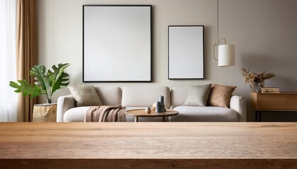Spotless Mockup Space on a Rustic Wooden Table in a Contemporary Living Room Serene Elegance and Minimalistic Charm, Perfect for Modern Interior Design Inspiration.