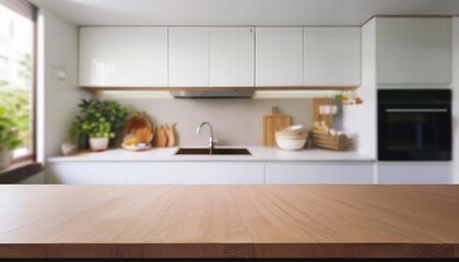 Minimalist Blurred Modern White Kitchen, Embracing a Serene Ambiance with Elegant Simplicity, Ideal for Digital Art, Home Decor, or Design Inspiration