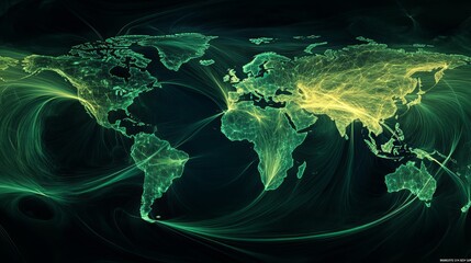 A world map shows how technology connects us globally.  Green lines and dots illustrate the worldwide flow of data.