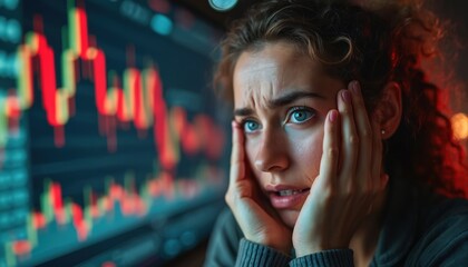 Worried woman holds face looking at stock chart with market trend displayed on monitor. Stressed investor watches falling stocks, crypto rates, experiences financial problems, economic crisis.