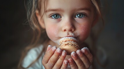 A young girl with sugary macarons in her tiny hands, her fingers covered in crumbs.