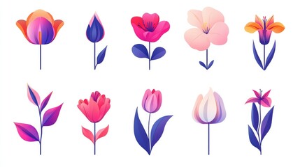 Abstract flower icon collection with geometric and symmetrical floral shapes in a clean style.