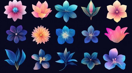 Fototapeta premium Abstract flower icon collection with geometric and symmetrical floral shapes in a clean style.