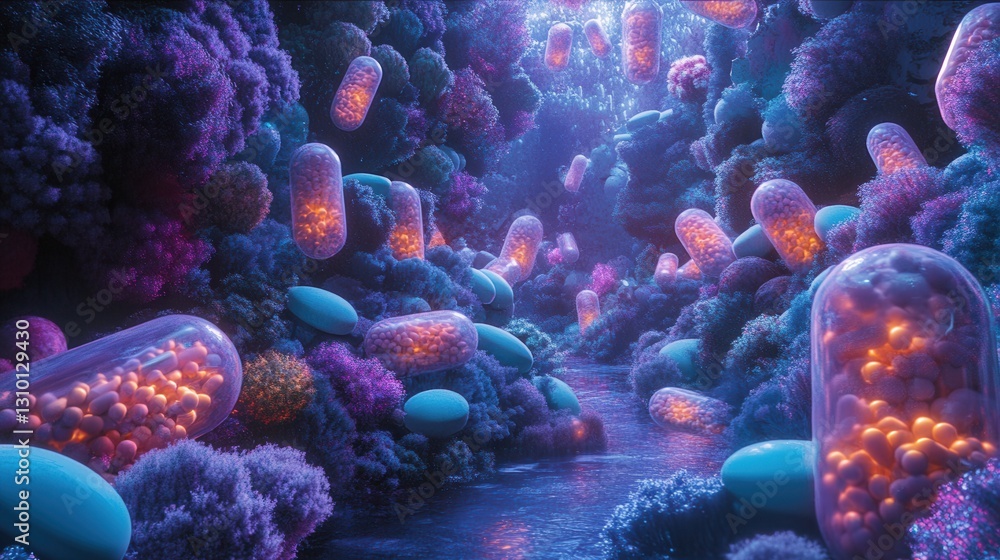 Poster surreal landscape of pill structures in a dreamlike environment with vibrant lighting and rich detai