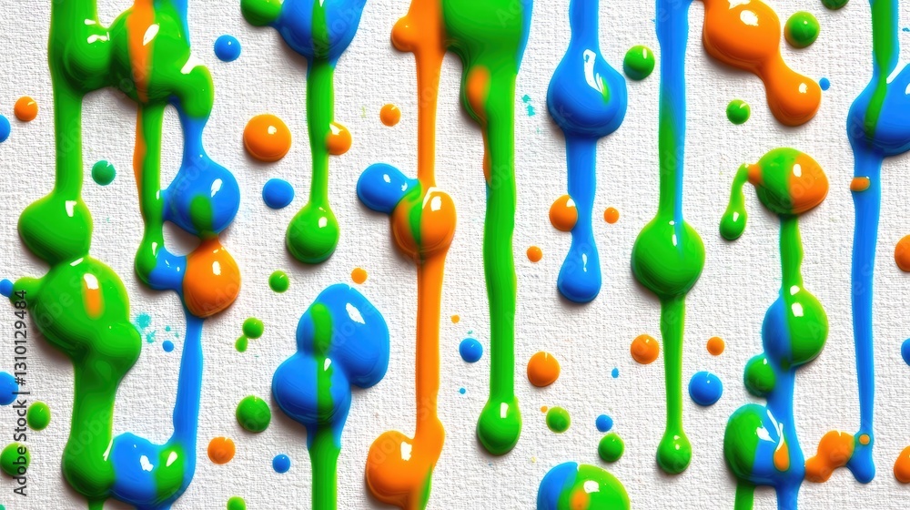 Wall mural dripping paint flows down textured white canvas, colorful background with smooth and rounded shapes