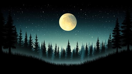 Fototapeta premium A serene night landscape featuring a glowing full moon above silhouettes of tall evergreen trees and a starry sky, This image is perfect for use in nature-themed projects, blogs, or wallpapers,