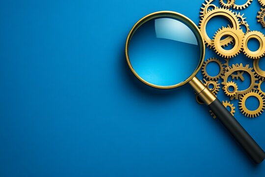 blue background with magnifying glass and gears for seo evaluation  
