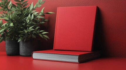 3d red book with blank cover on red background