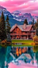 Fototapeta premium A Beautiful Log Cabin Next to a Serene Reflecting Lake