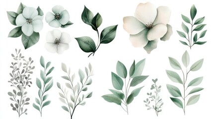 Obraz premium Beautiful collection of green leaves and floral elements painted in a soft watercolor style, perfect for design use