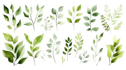 Beautiful collection of green leaves and floral elements painted in a soft watercolor style, perfect for design use