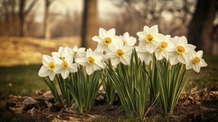 Beautiful white flowers blooming in a field, capturing the essence of spring with a dreamy atmosphere