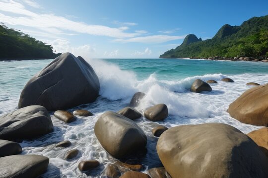 there is a large wave crashing on the rocks on the beach - Powered by Adobe