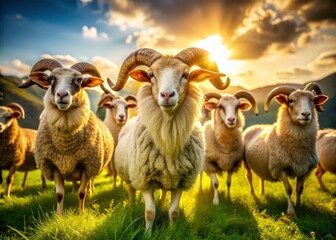 Fototapeta premium Heidschnucke Sheep Herd, Majestic Horns, Sunny Pasture, German Sheep, Wildlife Photography, Nature Image, Farm Animals, Rural Scene, Horned Sheep, German Landscape