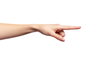 Womans hand gesturing pointing finger isolated on arm body part skin nail on transparent background