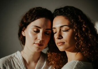 Two women with closed eyes sharing a moment of tranquility and connection