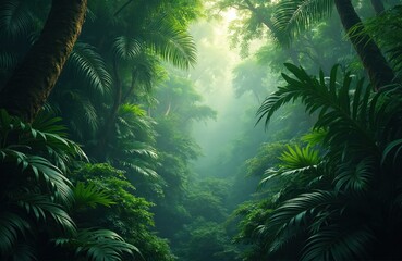 Tropical rainforest canopy with vivid green foliage. Dense jungle with palm trees, leaves. Rich biodiversity, ecosystem. Sunlight filters trees, shadows. Natural habitat background illustration. © Vadym