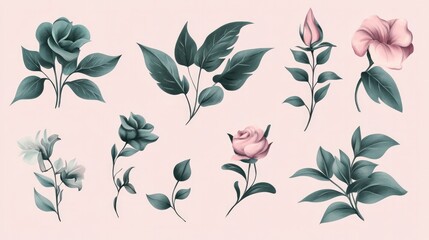 Obraz premium Elegant watercolor botanical set featuring various green leaves and flower illustrations on a clean background