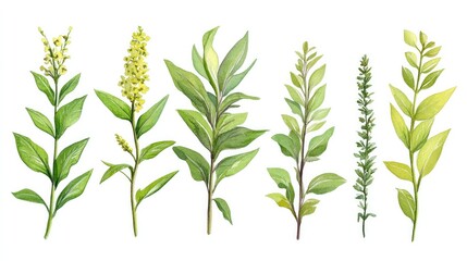 Obraz premium Elegant watercolor botanical set featuring various green leaves and flower illustrations on a clean background