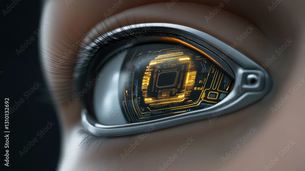 Poster futuristic bionic eye implant, featuring a glowing iris with microchip-like circuits embedded within