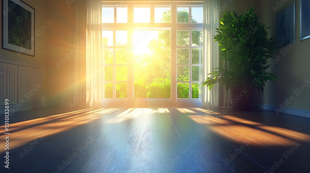 Poster sunlight floods empty room through open window; trees and plants outside