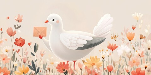 Fototapeta premium Dove Holding Letter in Floral Illustration 