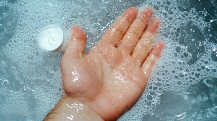 Fototapeta premium hand under cool running water in a sink, with visible redness from a fresh burn.