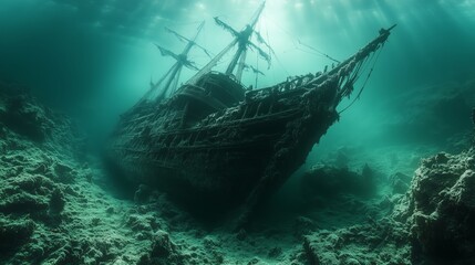 Illustration, a sunken sailing ship on the seabed