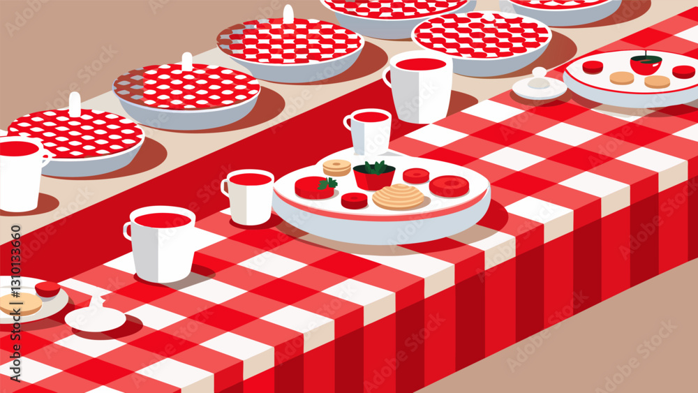 Poster tables are lined with red and white checkered tablecloths filled with plates of homemade dishes brou