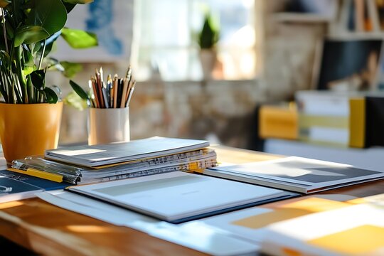 Catalogs on desk reflect branding and creativity 