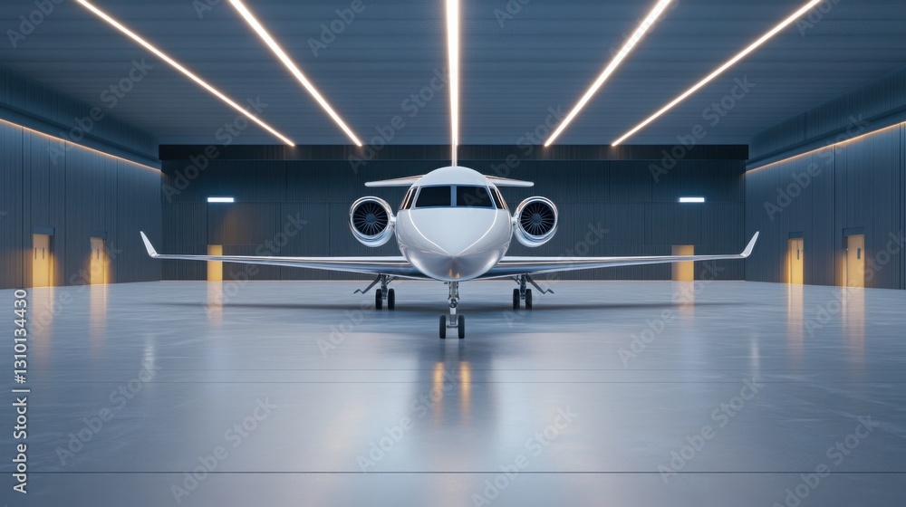 Poster a futuristic security camera with ai recognition monitoring a sleek private jet hangar.